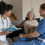 Visit of medical staff in uniform (nurse, doctor) to the patient at home Senior Care in Allentown