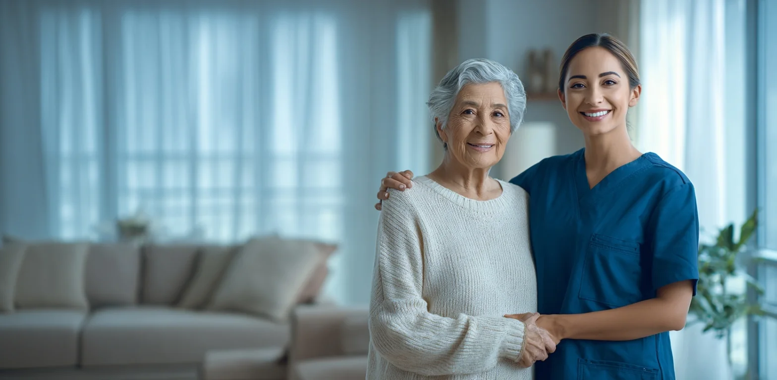 An elderly woman in a cozy sweater stands smiling beside a young nurse in blue scrubs.