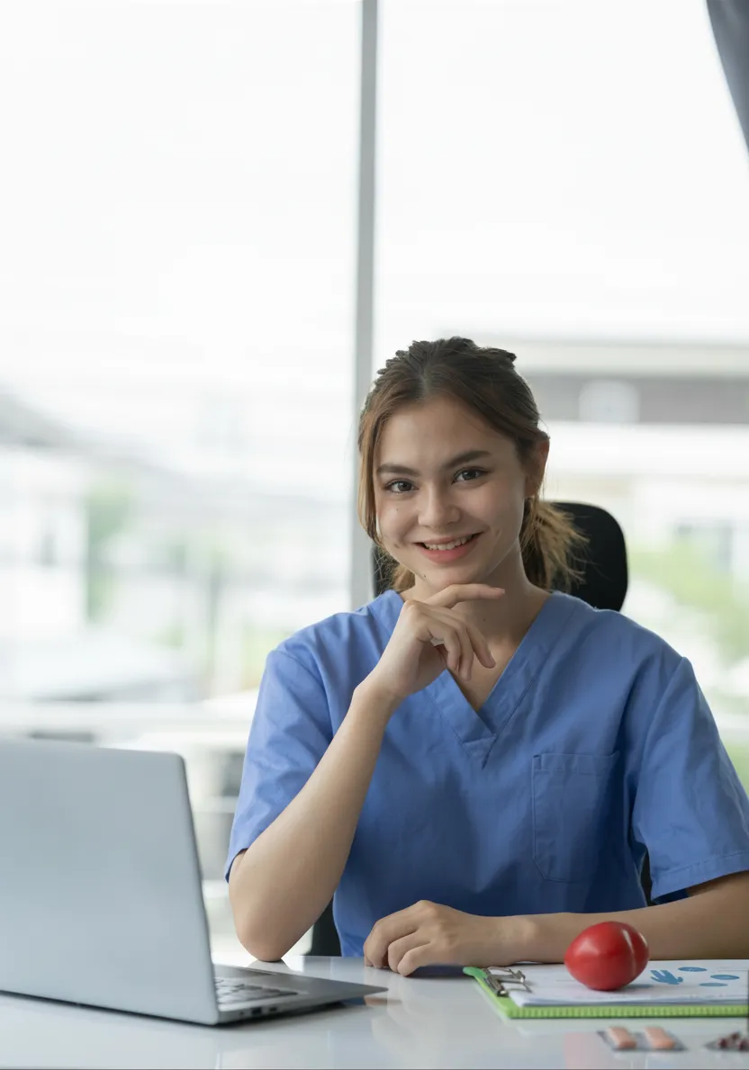 Caregiver smiling at desk with laptop
