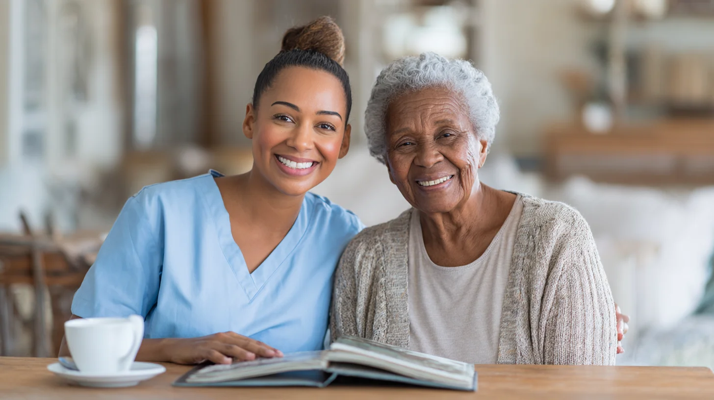 Caregiver and elderly woman smiling at table