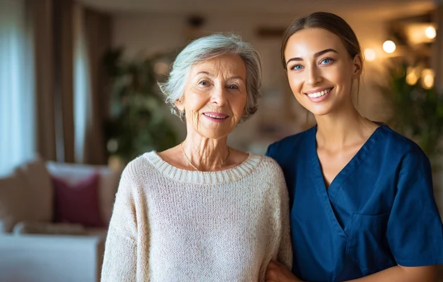 Caregiver smiling with elderly female client