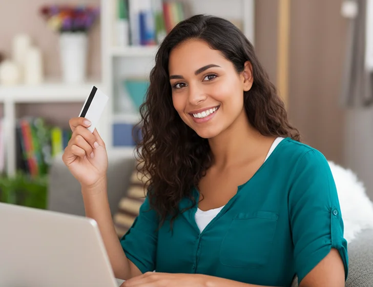 Woman with credit card and laptop
