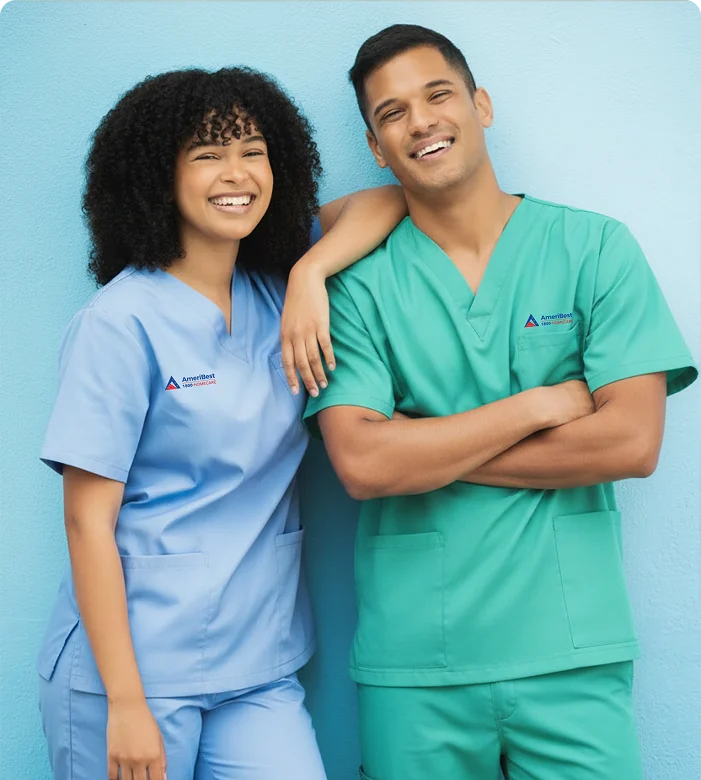 Friendly home care caregivers in medical scrubs promoting compassionate senior care services