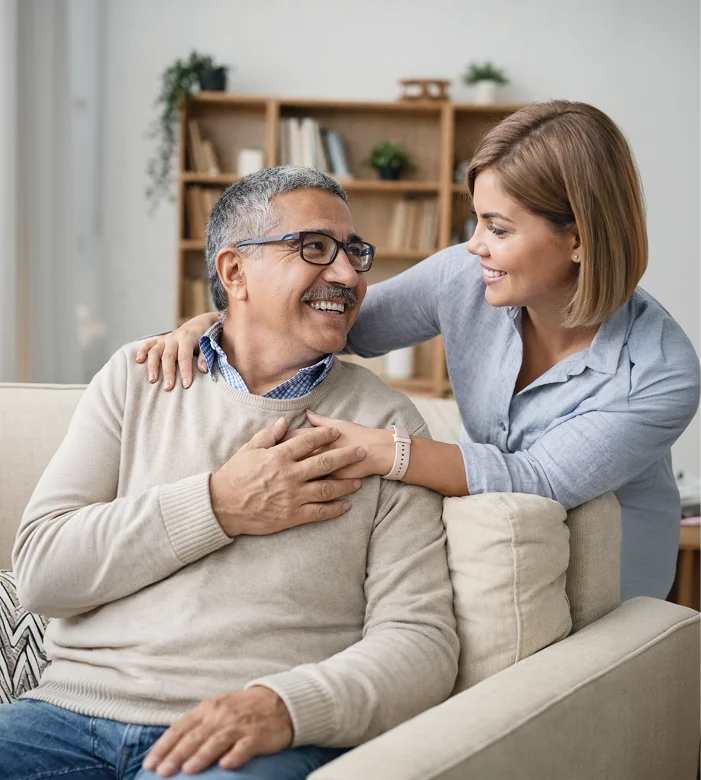 Female caregiver comforting senior man in living room conversation