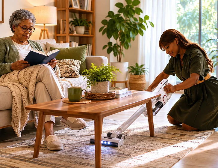 Caregiver vacuuming a living room while a senior woman relaxes and reads a book