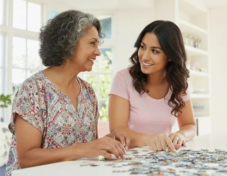 Caregiver and senior woman working on a jigsaw puzzle together at home