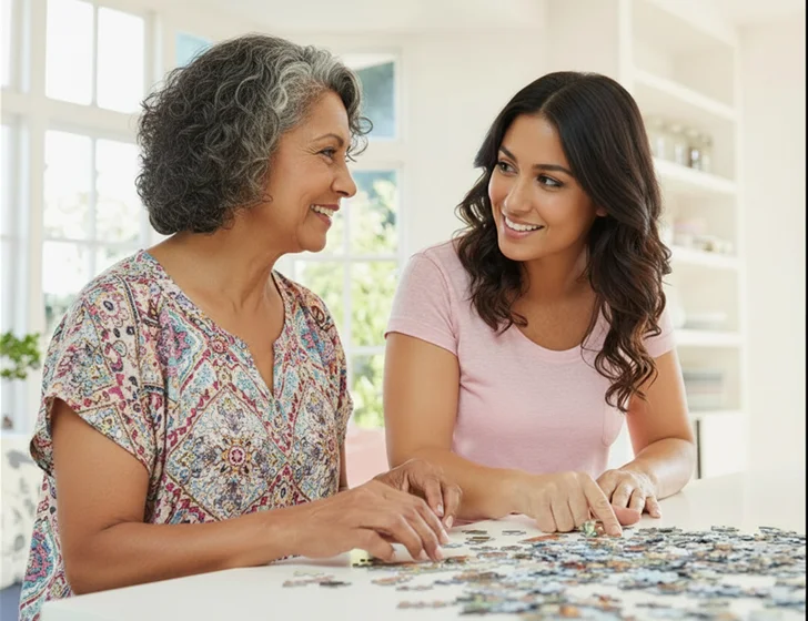 Caregiver and senior woman working on a jigsaw puzzle together at home
