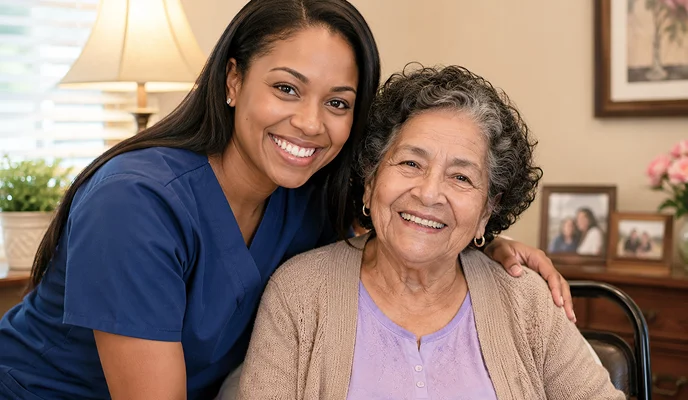 Caregiver and senior woman smiling together in a home setting