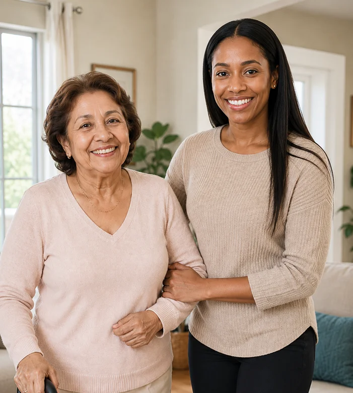 Caregiver standing beside a smiling older woman