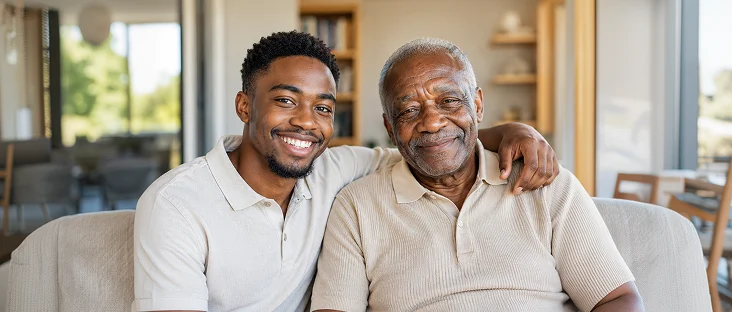 Smiling caregiver with an older man at home